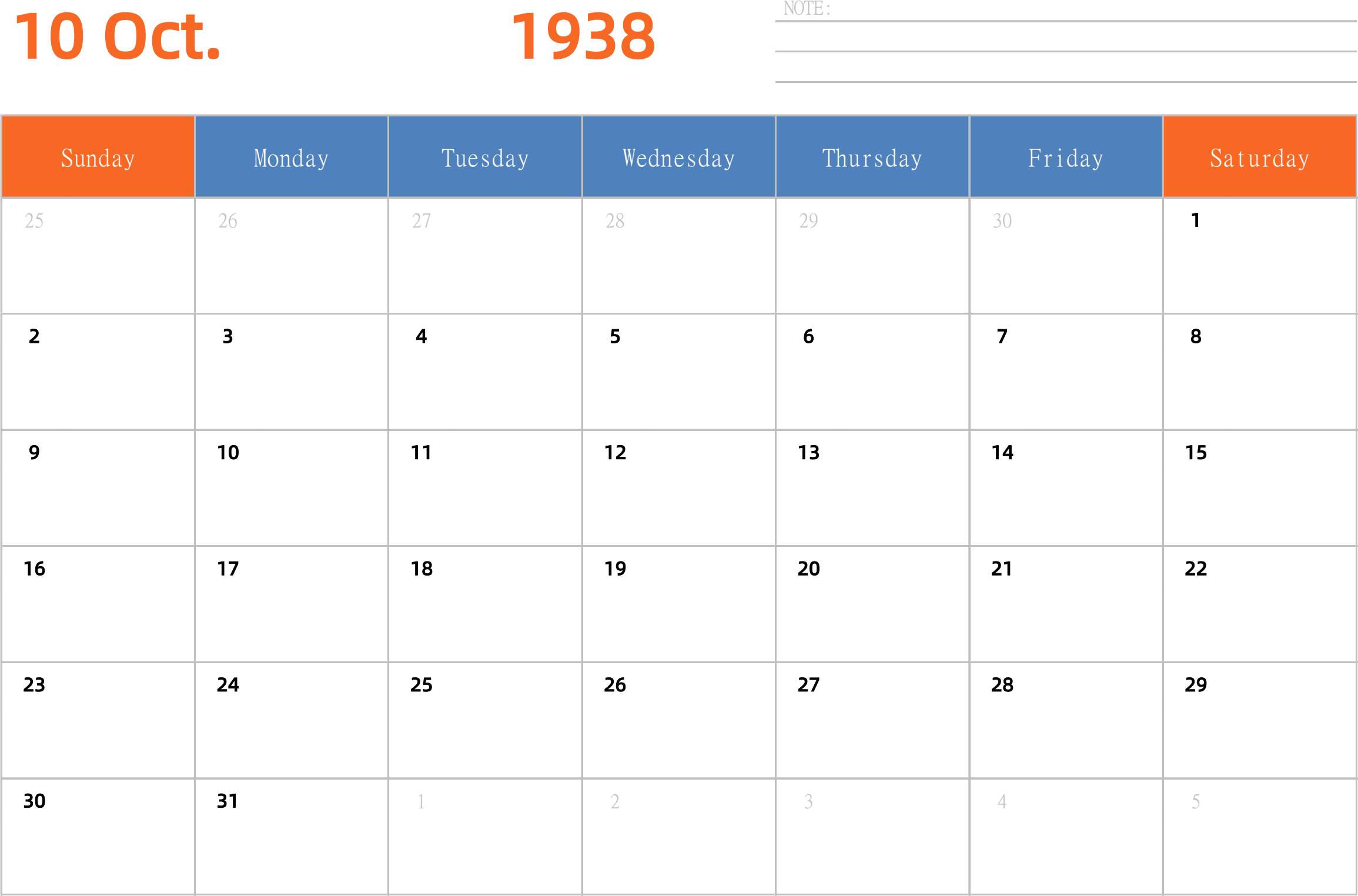 日历表1938年日历 英文版 横向排版 周日开始